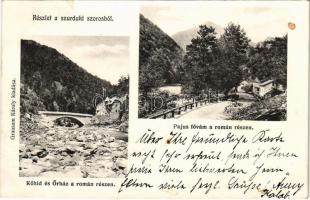 1906 Petrozsény, Petrosany, Petrosani; részlet a szurduki szorosból, Kőhíd és Őrház, Pajus fővám a román részen. Grausam Károly kiadása / Pasul Surduc / mountain pass, Hungarian-Romanian border station, stone bridge, guardhouse, customs office on the Romanian side