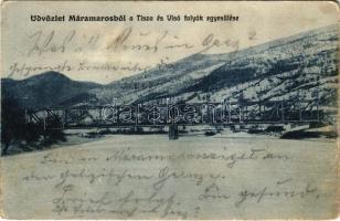 1914 Máramaros, Maramures; Tisza és Visó folyó egyesülése, tél. Csermak M. amateur felvétele / Tisza and Viseu rivers merging, winter (EK)