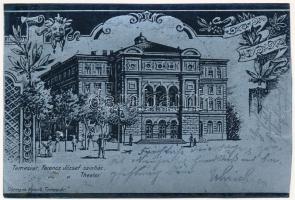 1899 (Vorläufer) Temesvár, Timisoara; Ferenc József színház. Uhrmann Henrik kiadása. Szecessziós fémes hatású fóliás képeslap / Theater / theatre. Art Nouveau metallic foil postcard (b)