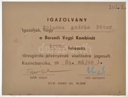 1984. "Borsodi Vegyi kombinát bronz fokozatú törzsgárda-jelvény" műgyantás bronz kitűző né...