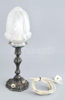 Asztali lámpa, ezüstözött fém aljjal, kopásokkal, búra nélkül, működik, m: 44 cm