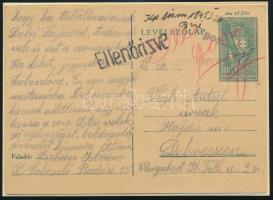1945. 01. 25. 18f díjjegyes levelezőlap készpénzes bérmentesítéssel Szoboszlóról Debrecenbe