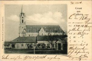 1900 Csák, Csákova, Ciacova; Római katolikus templom, Bottos Pál, Sera Jenő üzlete. Mesterovits & Jovanovits kiadása / church, shops (EK)