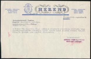 1948 Herend, a Herendi Porcelángyár fejléces, hivatalos levele, aláírással, bélyegzővel