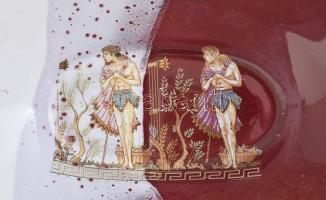 Görög mintás bordó/fehér füles kínáló, jelzett, hibátlan, jelzett, 35x13 cm