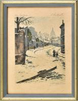 Jean-Louis Forain (1852-1931): Rue Ravignan, Montmarte, Párizs. Színes rézkarc, papír, jelzett. Üvegezett fakeretben. 21x15,5 cm.