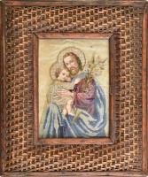 Szent Antal Jézussal a karján. Szövet, kollázs. Dekoratív, üvegezett fakeretben. 18x13 cm.