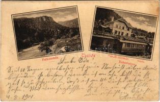 1901 Tusnádfürdő, Baile Tusnad; Sólyom-kő, vasútállomás, vonat / Falkenstein, Bahnstation / Piatra Soimilor, Gara / railway station, train, mountain (EK)