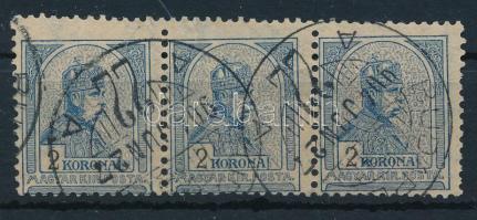 1900 Turul 2K elfogazott hármascsík 4. vízjelállással, összefüggésben nagyon ritka! / stripe of 4, watermark position 4