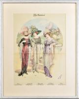 cca 1910 Chic Parisien, színes női divatkép. Nyomat, papír, Atelier Bachwitz kiadása. 37,5x28 cm. Dekoratív, üvegezett fakeretben.