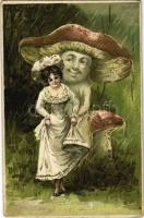 1906 Boldog új évet! Hölgy és Gomba Úr / New Year greeting, lady and Mr. Mushroom. litho (EK)