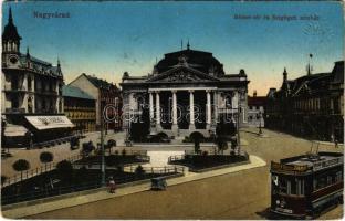 1915 Nagyvárad, Oradea; Bémer tér és Szigligeti színház, Emke kávéház, villamos üzlet reklámokkal. Vasúti Levelezőlapárusítás 55. sz. 1915. / square, theatre, café, tram with shop advertisements (Rb)