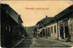 Petrozsény, Petrosani; Kossuth Lajos utca, Halász és Klein üzlete. W.L. 1682. / street view with shops (EB)