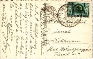 1940 Gyergyószentmiklós, Gheorgheni; Fő tér bevonulási díszben, országzászló, "Éljen Horthy Mik...