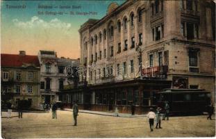 Temesvár, Timisoara; Belváros, Szent György tér, The Gresham, kávéház, Kossak József üzlete, villamos / square, café, shops, tram (r)