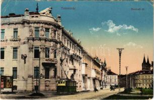 Temesvár, Timisoara; Hunyadi út, villamos, Vasúti levelezőlapárusítás 285. sz. 1916. / street view, tram (EK)