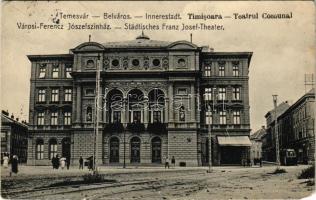 1928 Temesvár, Timisoara; Ferenc József színház, villamos / Teatrul Comunal / Städtisches Franz Josef-Theater / theatre, tram (EM)