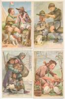 4 db RÉGI motívum képeslap: Cserkész Levelezőlapok Kiadóhivatal lapjai, Márton L. szignóval / 4 pre-1945 Hungarian scout art postcards, signed by Márton L.
