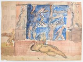 Román György (1903-1981): Népfürdő. Akvarell, ceruza, papír, hátoldalán Román György Alapítvány bélyegzőjével. Lapszéli szakadásokkal. 35,5x48 cm.