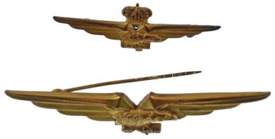 ~1940. Az Olasz Légierő jelvénye (2xklf) (16x49mm,15x76mm) T:2 ütődés, sérült tű, egyikről a korona le lett fűrészelve ~1940. Italian Air Force badge (2xdiff) (16x49mm,15x76mm) C:XF ding, worn pin, crown is missing on one