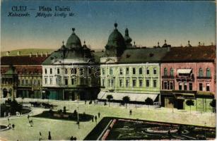 1927 Kolozsvár, Cluj; Piata Unirii / Mátyás király tér, Erdélyi Bank, Haraszthy Jenő üzlete / square, bank, shops (EK)