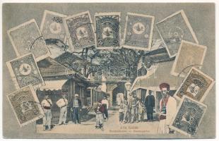 Ada Kaleh, Török Bazár. Szecessziós montázs bélyegekkel / Turkish bazaar shop. Art Nouveau montage with stamps