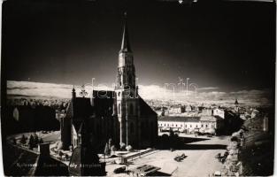 1940 Kolozsvár, Cluj; Szent Mihály templom, tér, Braunfeld üzlete / church, square, shops. photo + 1940 Kolozsvár visszatért So. Stpl (vágott / cut)