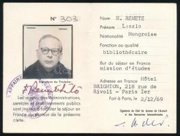 1969 Francia külügyminisztérium arcképes igazolványa magyar könyvtáros részére