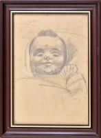 Kohán György (1910-1966): Baba portré, 1950. Ceruza, papír, jelzett. Dekoratív, üvegezett fa keretben, a lap kissé foltos, 31x22 cm