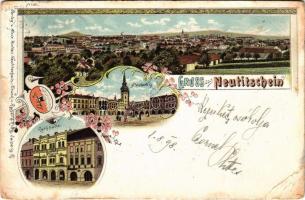 1898 (Vorläufer) Novy Jicín, Neutitschein; Stadtplatz, Rathhaus / square, town hall. Art Nouveau, floral, litho (EB)
