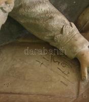 Kalapos kisfiú táblával. Mázas kerámia fali plasztika, hátoldalán BU 612 jelzéssel/formaszámmal. XIX...