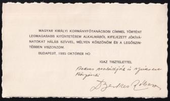 1933 Berkes Róbert kormányfőtanácsos kinevezése alkalmából kapot gratulációt megköszönő lapja autográf aláírással