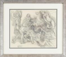 Hermann Lipót (1884-1972): Bacchanália . Szén, papír, jelezve jobbra lent: Hermann L. balra: Hagyatéki pecsét. Üvegezett fa keretben, 23,5x29 cm.