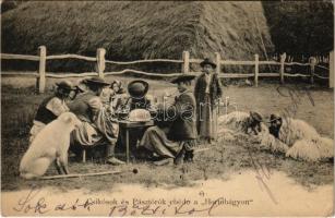 1910 Hortobágy, Csikósok és pásztorok ebéd a Hortobágyon, kutya, magyar folklór (EK)