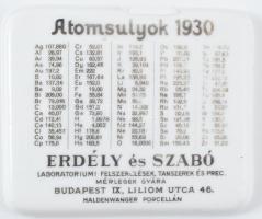 1930 Atomsúlytáblázat, Erdély és Szabó Laboratóriumi felszerelések, tanszerek, és Prec. Mérlegek gyára. Budapest IX, Liliom utca 46. Haldenwanger Porcelán. Kis sérüléssel, kopásokkal, 11x13 cm