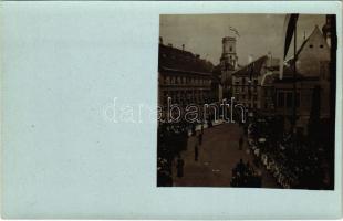 ~1900 Győr, Bécsi kapu tér, Püspökvár magyar zászlóval, felvonulás, ünnepély. photo