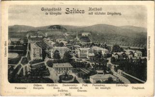 1906 Szliács, Sliac; Pannonia, Otthon, Hungaria, Fürdőház, Buda, Bellevue, Bristol, Újpest, Huszka vendéglő, Amália, Strauss, Dankovsky kávéház és étterem, Pest és Pestszárny szálloda, Izraelita zsidó vendéglő, Üdvözlégy, Üvegház kertész lak / hotels, Jewish restaurant, greenhouse, café, villa (EK)