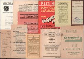 1941 Magyar Élet őszi könyvjegyzéke, 16 p., az utolsó 3 lapon sarokhiány + 10 db Magyar Könyvbarátok / könyvhét témájú prospektus, nyomtatvány