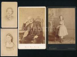 cca 1870-1890 Keményhátú műtermi portrék, 4 db, pesti műtermekből, 10,5×6,5 és 16,5×11,5 cm