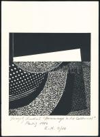 Joseph Kádár (1936-2019): Hommage a Le Corbusier, 1987. Szitanyomat, papír, jelzett, művészpéldány E.A. 9/10 számozással. Hátoldalon a művész pecsétjével. 13,5x13,5 cm