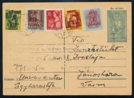 1945 (3. díjszabás) 18f díjjegyes levelezőlap 4 színű kisegítő bérmentesítéssel, 1P portóval