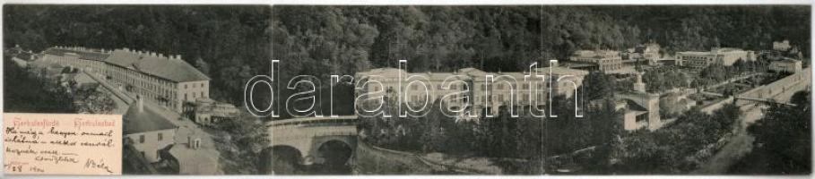 1900 Herkulesfürdő, Baile Herculane; 3-részes kinyitható panorámalap / 3 -tiled folding panoramacard