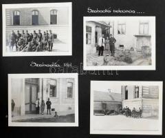 1940-1942 Családi fotóalbum utazások képeivel (Szabadi, Marosvásárhely, Szováta, Apatin, Gyilkos-tó, stb.), néhány katonai fotóval, feliratozva, 6,5×9 cm