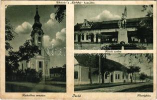 1938 Izsák, Üdvözlet a "Sárfehér hazájából"! Római katolikus templom, Hősök szobra, emlékmű, Községháza (EK)