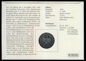 NSZK 1984. 5M "Mendelssohn" bélyeges érmés borítékon, elsőnapi bélyegzővel, hátoldali isme...