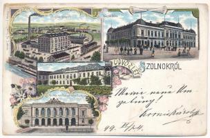 1899 (Vorläufer) Szolnok, Hungária malom, Városháza, Kaszárnya, Jász-Nagy-Kun-Szolnok megye székháza. Kiadja Fuchs Lipót és Fia, Art Nouveau, floral, litho (EK)