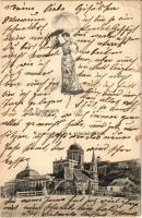 1904 Esztergom, vártemplom és prímási palota. Montázs repülő esernyős hölggyel. Brusty Gyula kiadása (szakadások / tears)