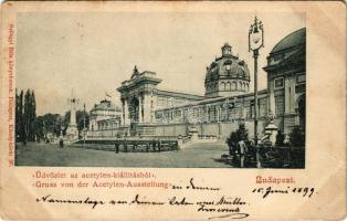 1899 (Vorläufer) Budapest XIV. Városliget, Iparcsarnok, Üdvözlet az acetylen kiállításból. Szilágyi Béla kiadása (EB)