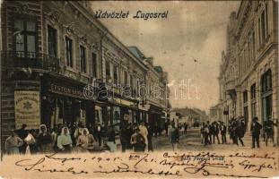 1905 Lugos, Lugoj; Deák Ferenc utca, Epstein Sándor kézműárú raktár a kék csillaghoz, üzletek / street, shops (fl)