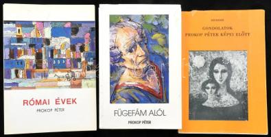 Prokop Péter 3 könyve: Római évek. Róma, 1985, magánkiadás. Kiadói papírkötés, néhány kijáró lappal. + Fügefám alól. Bp., 1989, Budapesti Művészetbarátok Egyesülete. Kiadói papírkötés, néhány kijáró lappal. + Szíj Rezső: Gondolatok Prokop Péter képei előtt. Bp., 1983, Budapesti Művészetbarátok Egyesülete. Kiadói papírkötés, a borítón kis szakadás.